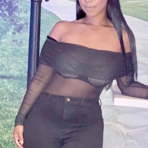 Sheer off the shoulder bodysuit - black